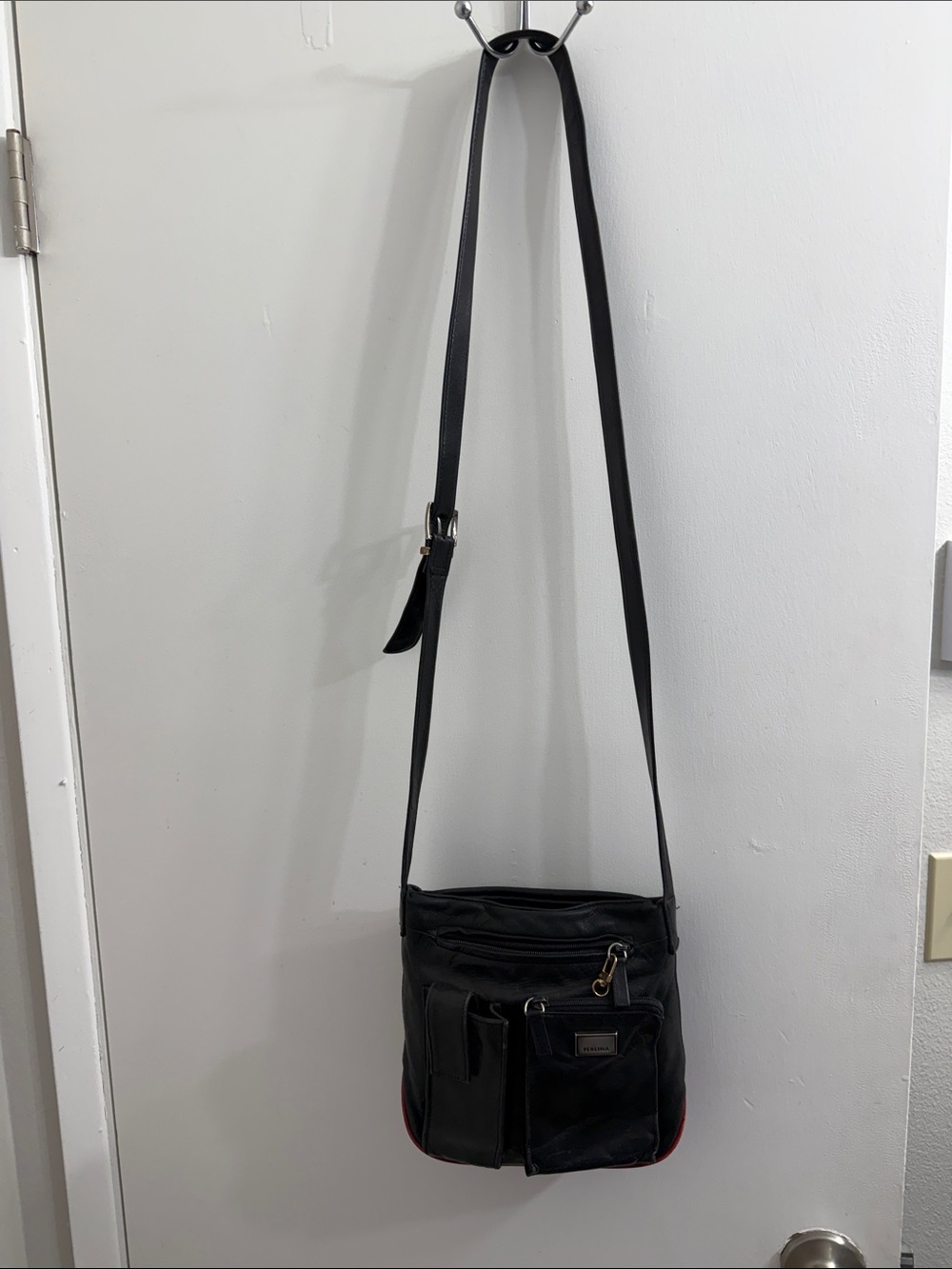 Perlina Black Leather Messenger Crossbody Bag